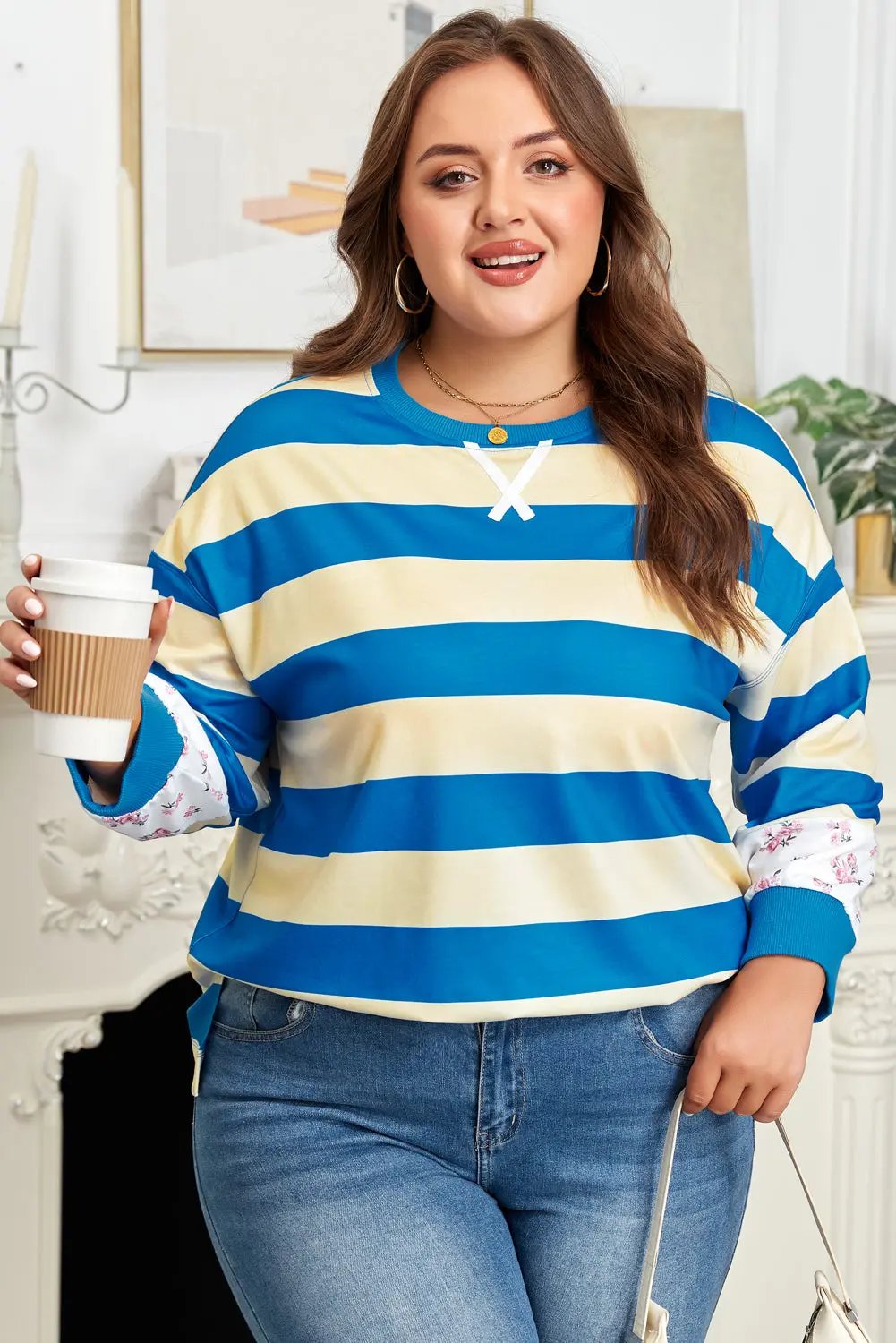 Blue Stripe Floral Color Block Drop Shoulder Plus Size Top Dear-Lover Dropshipping